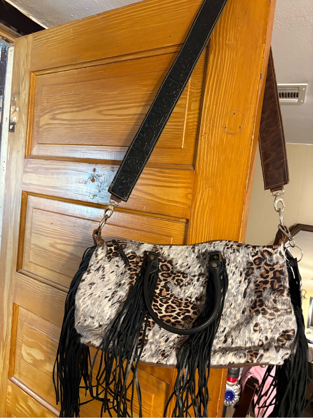Leopard Fringe Shoulder Bag - Black and Beige